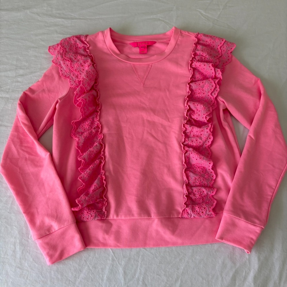 Lilly Pulitzer Womens Pink Ruffle Trim‎ Shandy Deva Pullover Sweatshirt Size 2XS